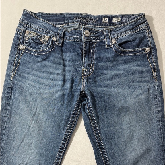 Miss Me Embellished Blue Boot Cut Jeans jeweled pockets front and back size 30 - Picture 2 of 12